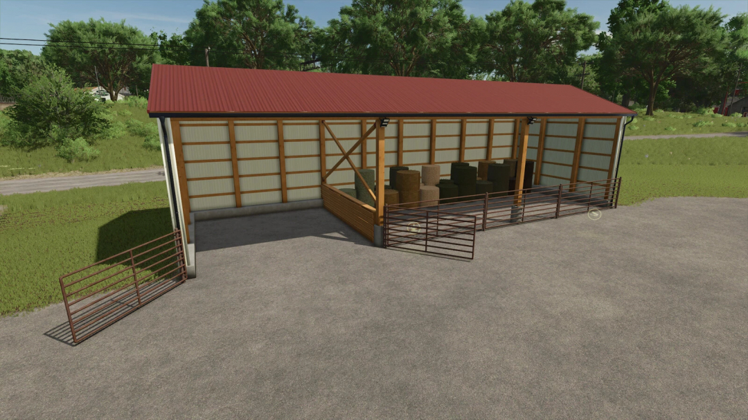 Small machine and bale shed in FS25 mods, featuring a red roof and open storage for bales.