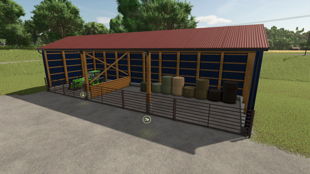 FS25 mod Small Machine And Bale Shed with equipment and hay bales inside a blue and red-roofed shed.