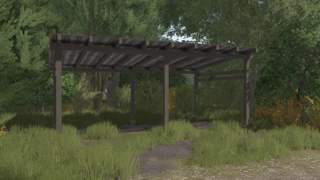 Small wooden shed mod for FS25 surrounded by trees and grass, showcasing Farming Simulator 25 mods.