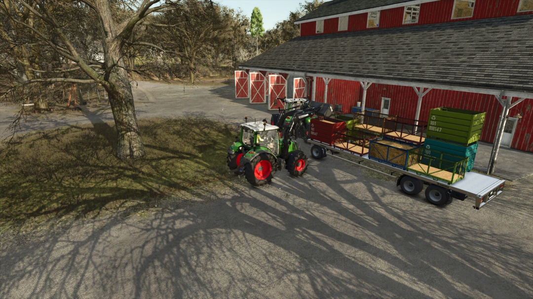 Farming Simulator 25 mods: A tractor with trailer loaded with storage pallets beside a red barn.