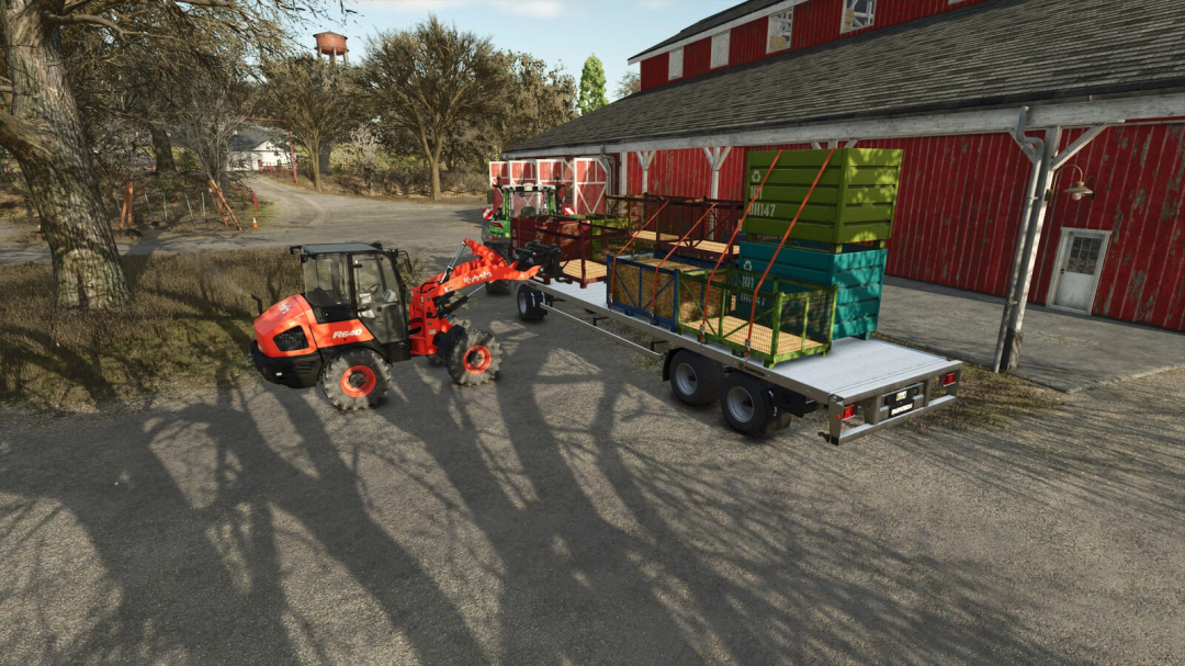 Forklift loading storage pallets onto a trailer in Farming Simulator 25 mod Storage Pallets v1.0.0.0.