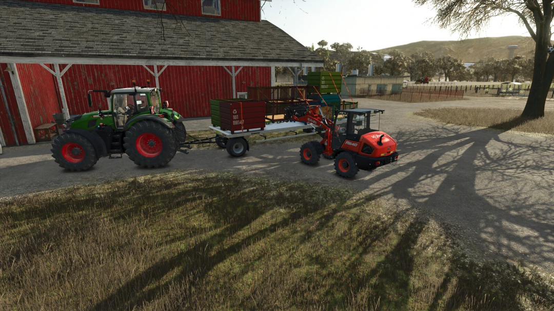 FS25 mod Storage Pallets v1.0.0.0 featuring tractors loading pallets outside a barn.