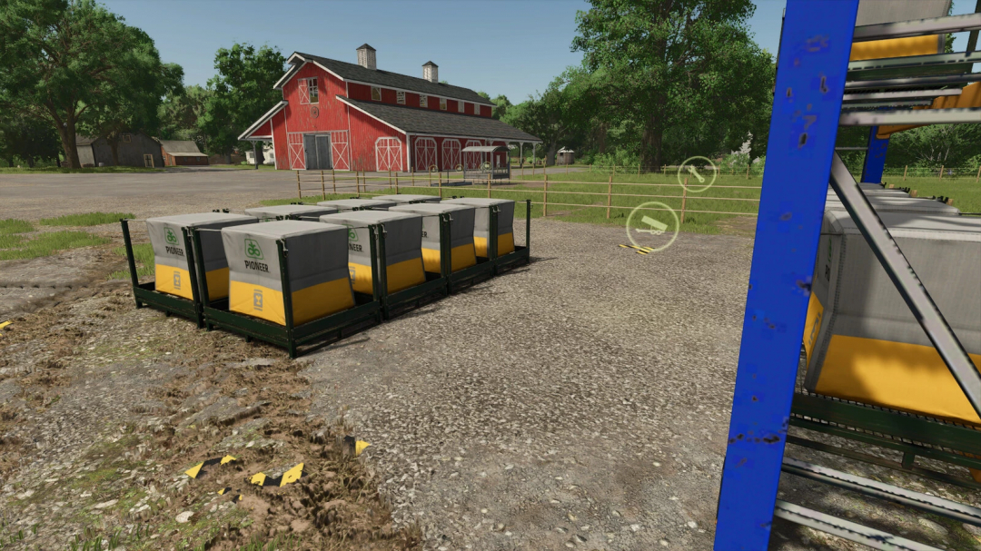 Storage Racks mod in FS25 shows organized crates near a barn.