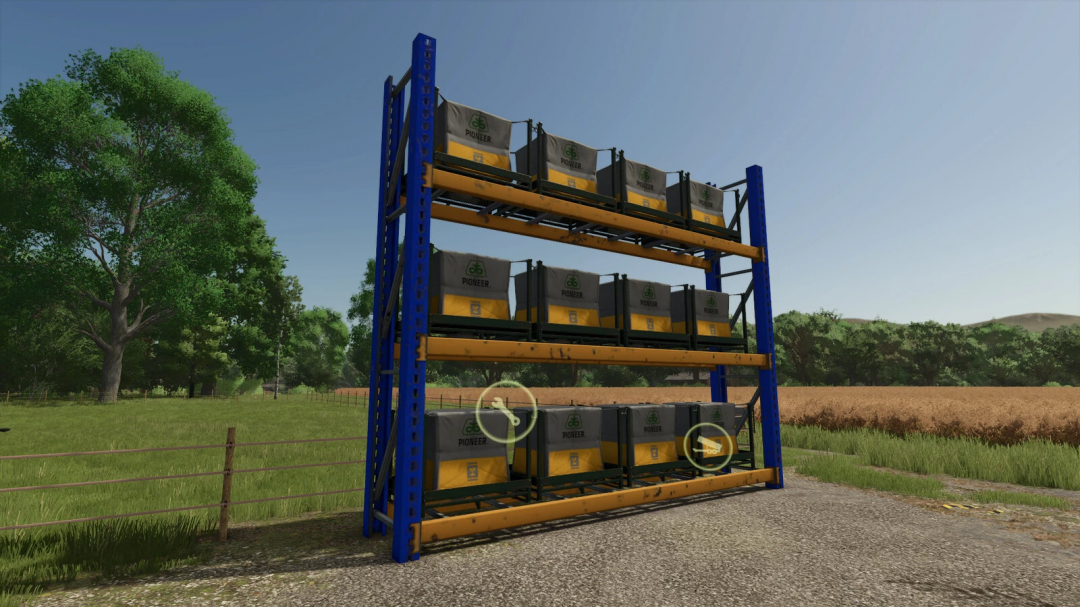 Storage racks in Farming Simulator 25 mod, showcasing organized crates in a rural setting. FS25 mods enhance gameplay realism.