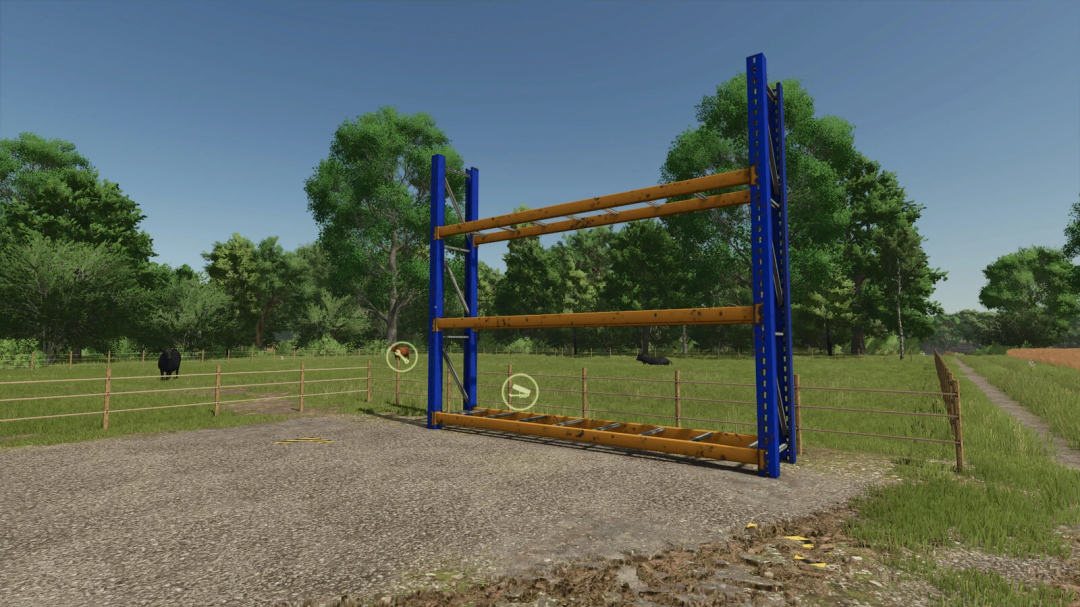 Storage Racks mod in FS25 featuring large blue and wooden shelves in a grassy farm setting.