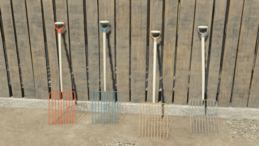 Four colorful straw forks leaning against a wooden fence in FS25 mod Straw fork v1.0.0.0.