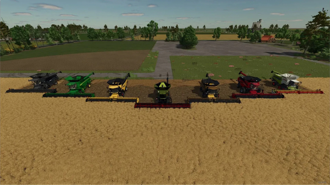 FS25 mod TerraFlexDraper 3162 v1.0.0.0 with different colored harvesters on a wheat field.