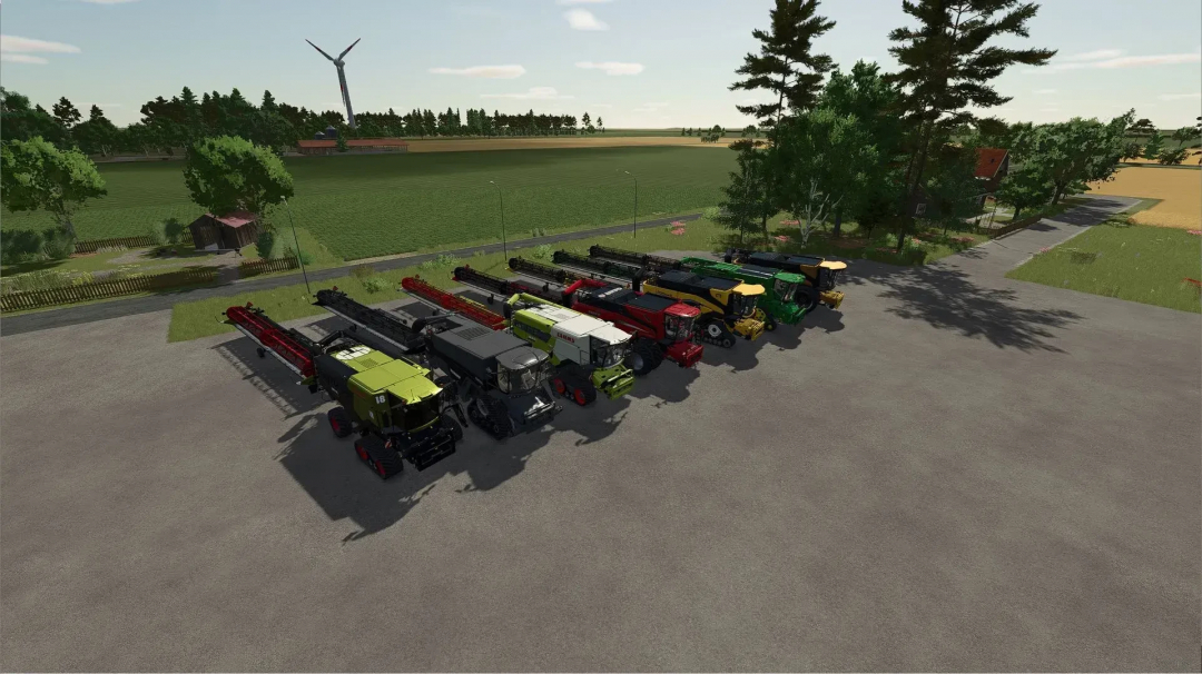 FS25 mods: TerraFlexDraper 3162 v1.0.0.0 mod featuring various combine harvesters lined up on a farm.