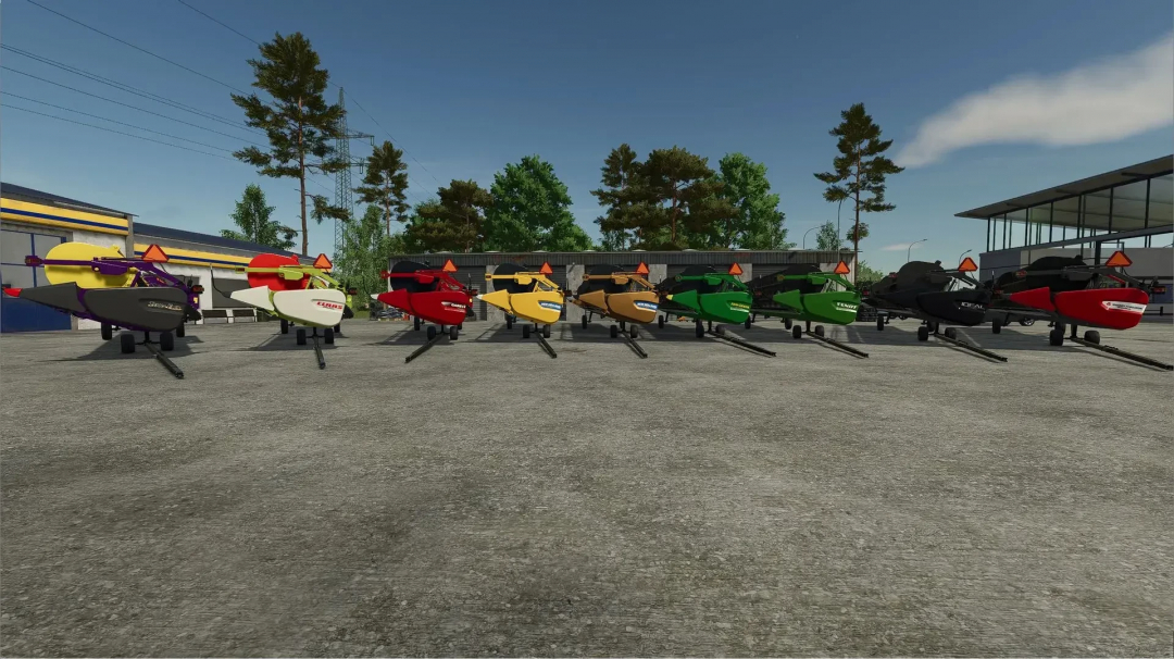 FS25 mods: TerraFlexDraper 3162 v1.0.0.0 showcasing various colored headers lined up outdoors.