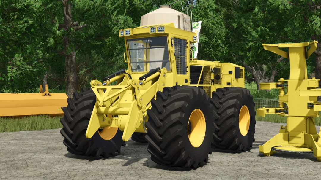 Tigercat 724G Forestry mod in FS25, showcasing a yellow logging machine with large tires, set in a forest environment.