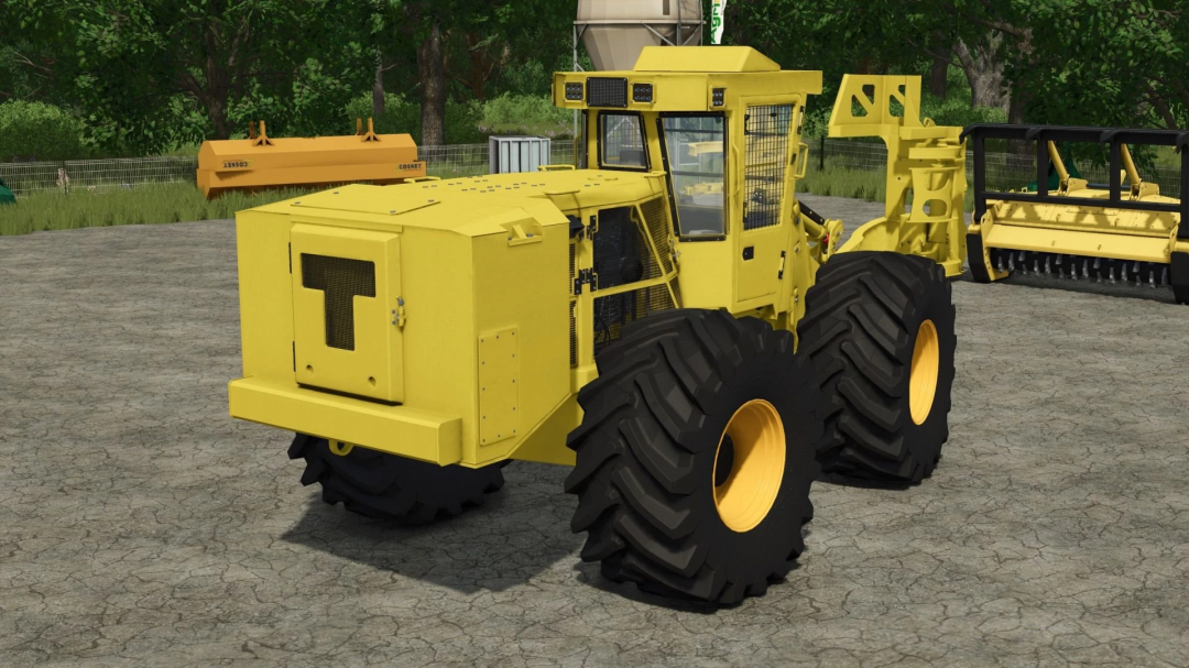 Tigercat 724G Forestry mod for Farming Simulator 25, shown in a yard setting.