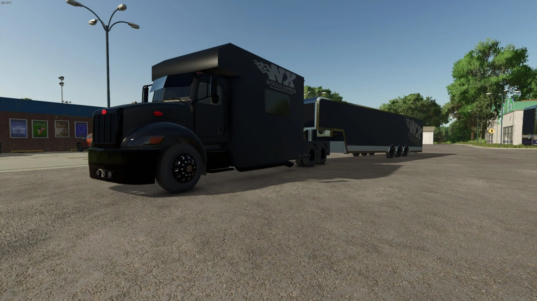 FS25 mod Toter HOME HAULER v1.0.0.0 showing a black truck with a long trailer in a parking lot.