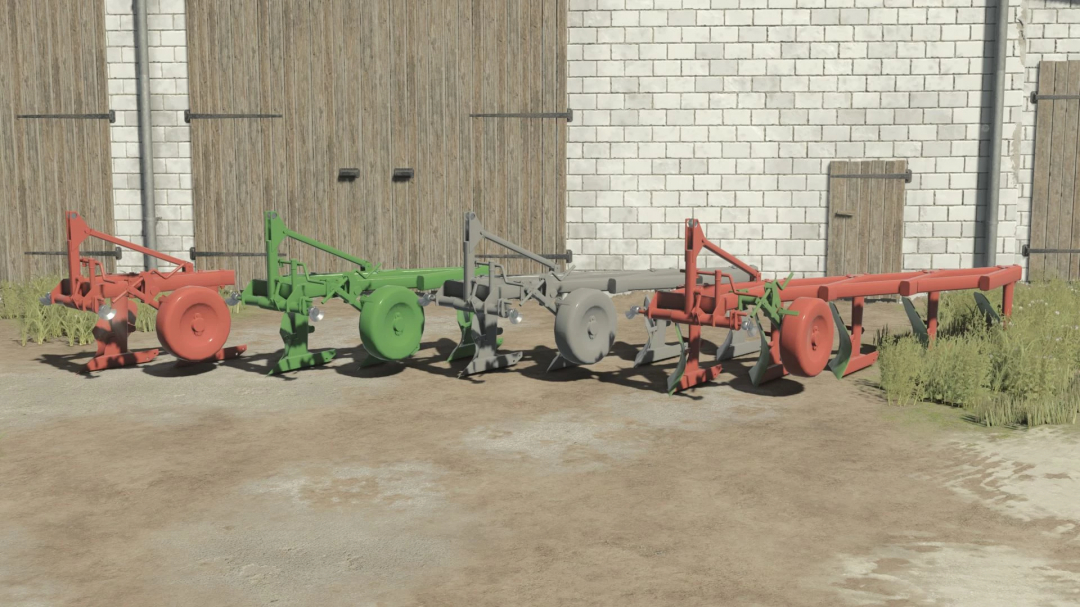 FS25 Unia U-022-25/1 Pack v1.0.0.0 mod showing multiple colored plows against a barn.