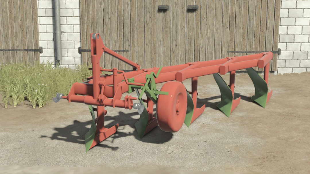 Unia U-022-25/1 plow in FS25 mod pack, showcased in front of a rustic barn.