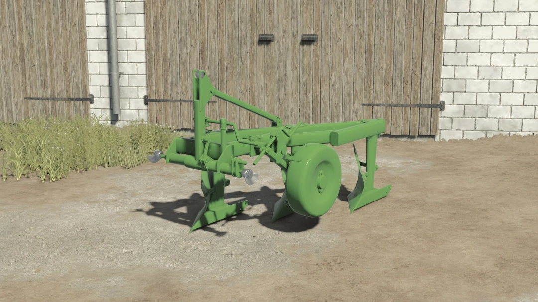 Unia U-022-25/1 mod in FS25, a green farming tool against barn backdrop.