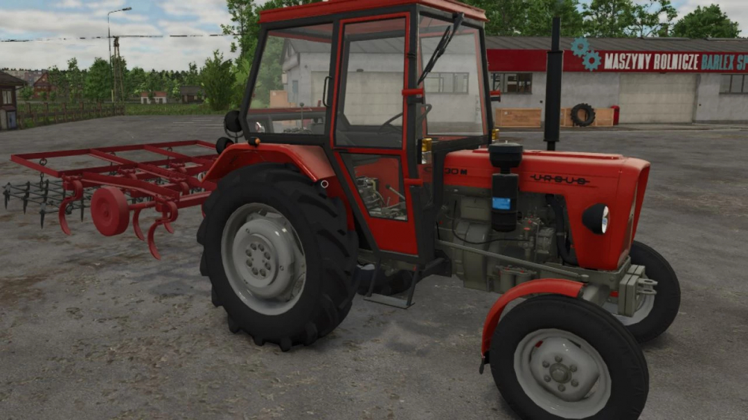 FS25 mod Ursus C330 - C330M v1.0.5.0 tractor in red with plow, featured in Farming Simulator 25.