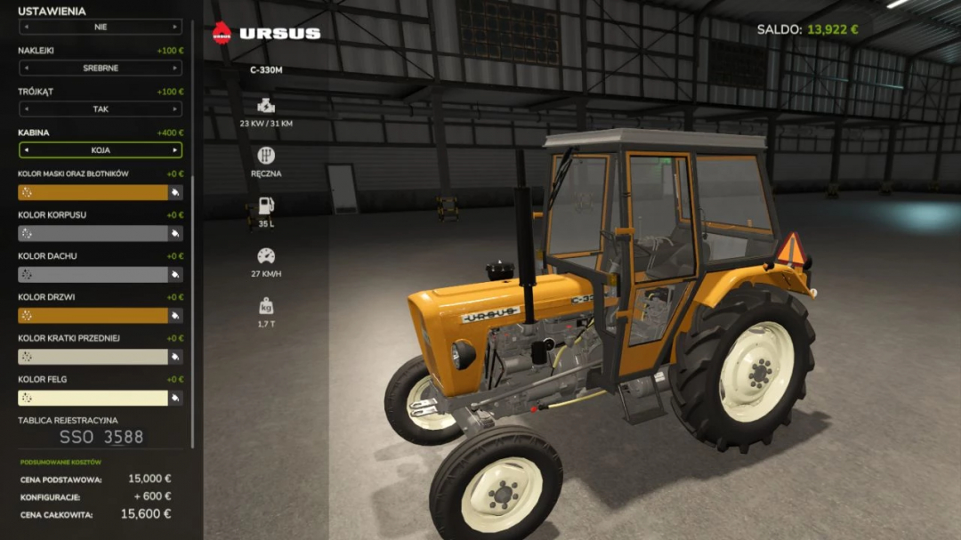 FS25 mod Ursus C330-C330M v1.0.5.0 in a garage setting with customization options displayed.