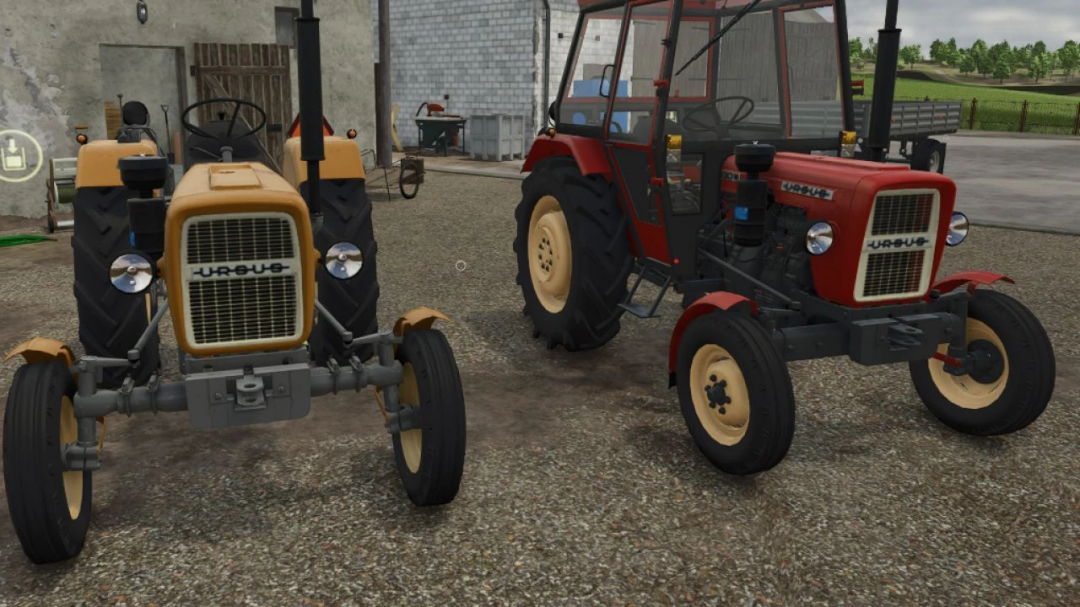 Two Ursus C330 tractors in Farming Simulator 25 mod, FS25 mods photograph in a barnyard setting.