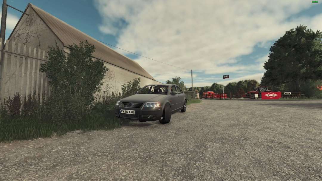 Volkswagen Passat B5 FL mod in Farming Simulator 25, parked by a barn with farm equipment.