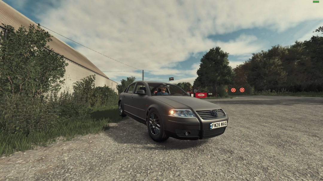 Volkswagen Passat B5 FL mod in Farming Simulator 25, parked on a rural road.