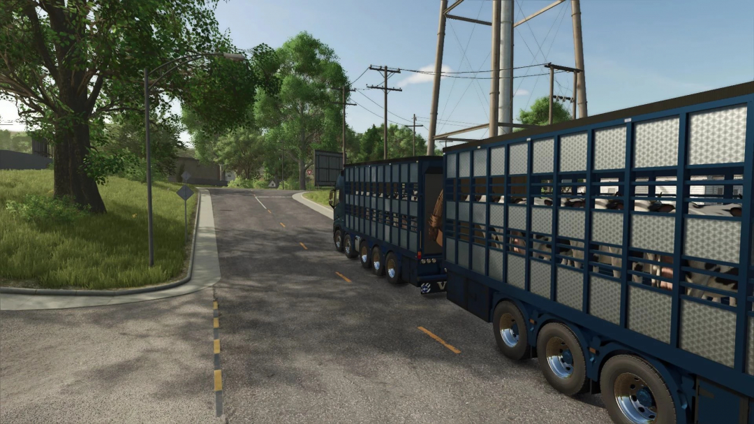 FS25 mod Volvo animal transport truck carrying cows on a rural road.