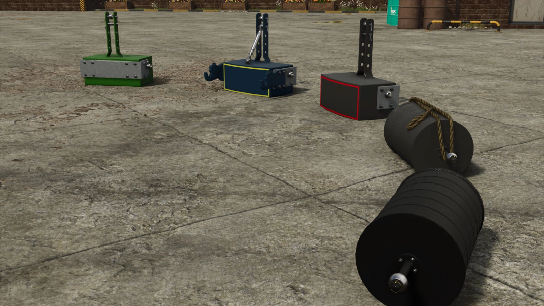 Weight Pack 650-900 mod for FS25 featuring various weights on concrete surface.