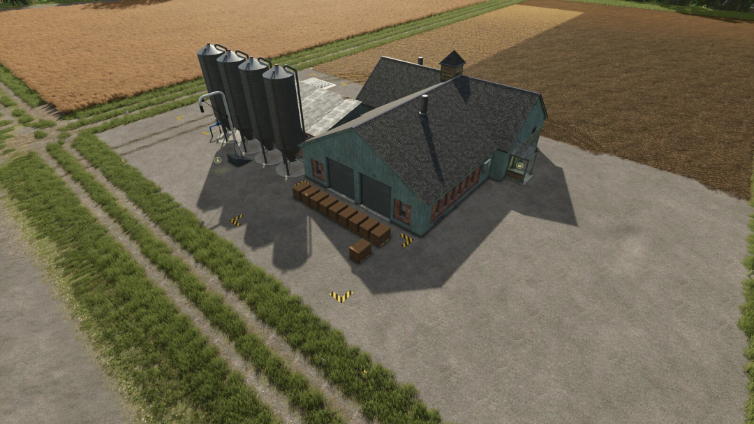 Aerial view of Wholesale mod in FS25 showing a building with silos surrounded by fields.