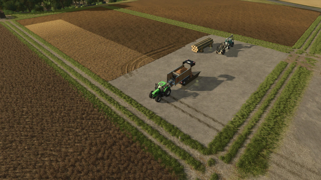 FS25 mod Wholesale v1.0.0.0 showing tractors with trailers near fields in Farming Simulator 25.