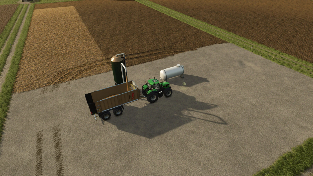 FS25 mod Wholesale v1.0.0.0 featuring a tractor with a trailer beside storage tanks on a farm.