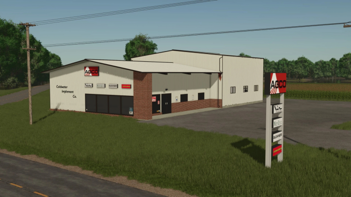 fs25-mods, FS25 mod AGCO Dealership image showing a building with AGCO signs in a grassy area.