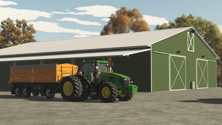 fs25-mods, FS25 mod Big Metal Shed v1.0.0.0 with green tractor and trailer in front on a sunny day.