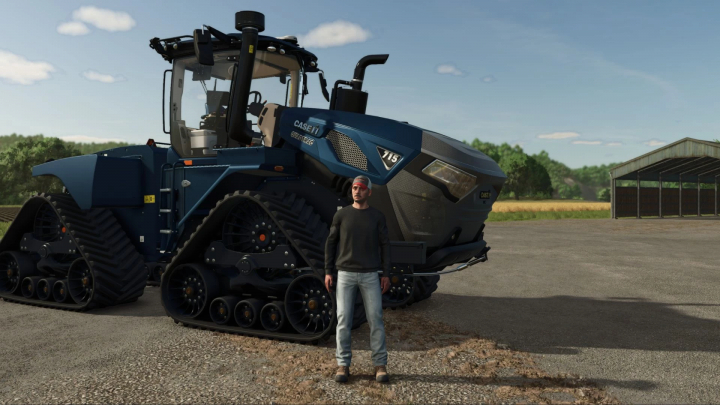 fs25-mods,  FS25 mod Case IH 715 Quadtrac Edit v1.0.0.0 in Farming Simulator 25, featuring a blue tractor with tracks and a character standing nearby.