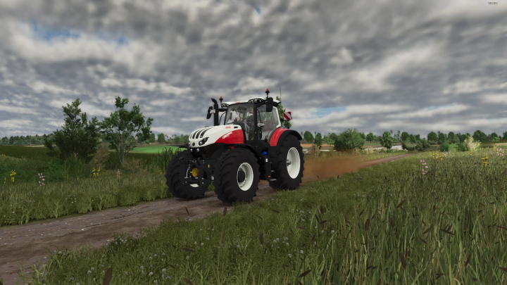 fs25-mods,  Tractor emitting dark exhaust smoke in FS25 mod on a scenic farmland road.