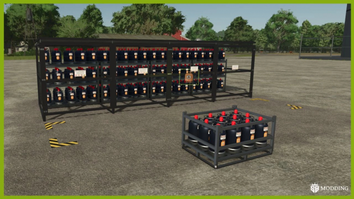 fs25-mods,  Diesel Production mod for Farming Simulator 25, featuring racks of diesel canisters on a farm.