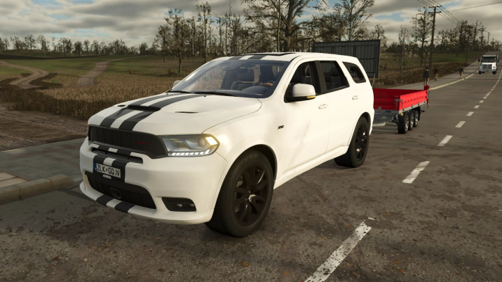 fs25-mods,  Dodge Durango SRT mod in FS25, towing a trailer on a road.