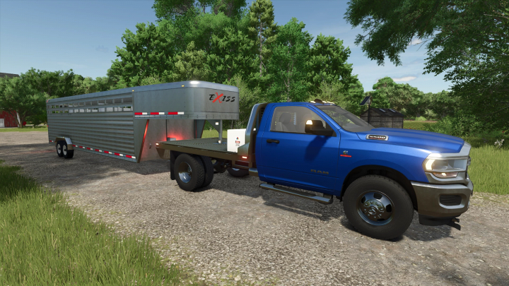 fs25-mods,  Dodge Ram 5500 mod in FS25 with flatbed and trailer in a rural setting.