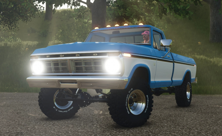 fs25-mods,  FS25 Ford F-250 1973-1978 mod, blue and white pickup truck in Farming Simulator 25.