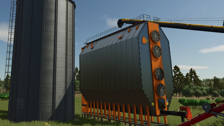 fs25-mods, FS25 Grain Dryer mod in Farming Simulator 25 featuring a large drying unit next to a storage silo.