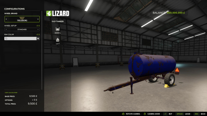 fs25-mods,  Lizard Old Tanker mod in Farming Simulator 25 showing configuration options and price.