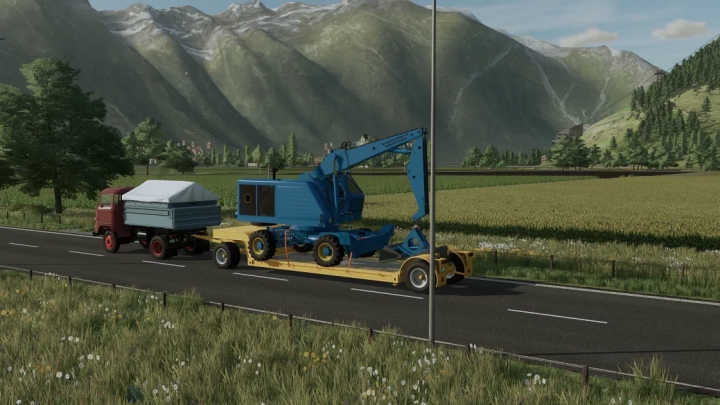 fs22-mods, FS22 Fortschritt T-174 mod v1.0.0.1 showcasing a blue excavator on a trailer driven by a red truck on a scenic mountain road.