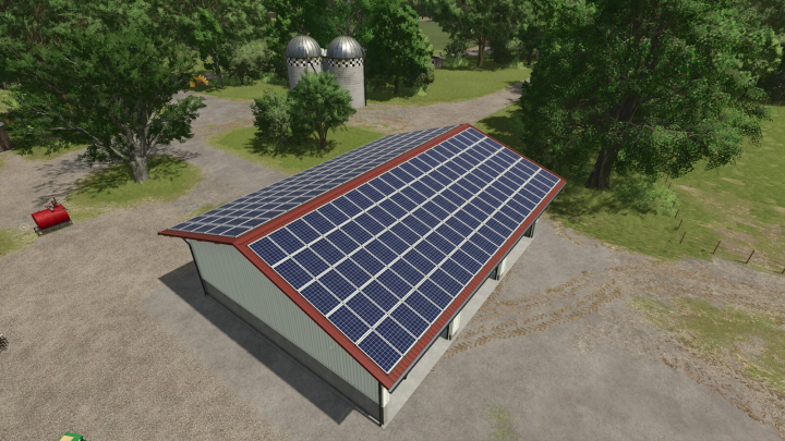 fs25-mods,  FS25 mod Garage With Vehicle Workshop featuring solar panels on the roof in a rural setting.