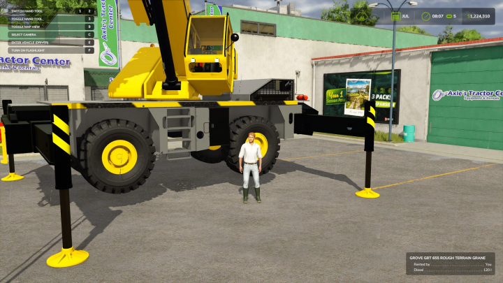 fs25-mods, Grove GRT 655 Rough Terrain Crane mod in FS25 game near Axle's Tractor Center.