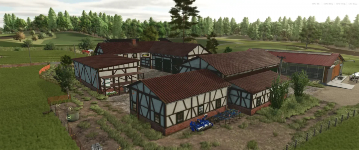 fs25-mods, FS25 mod - Half-timbered building pack in Eifel style, featuring rustic structures in a lush green landscape.