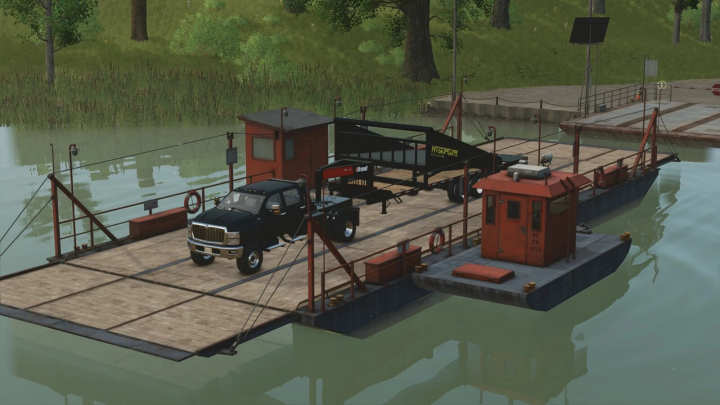 fs25-mods, Farming Simulator 25 Hydra-Gate Delimbing Gate mod on a ferry, with a truck and trailer, surrounded by water and trees.