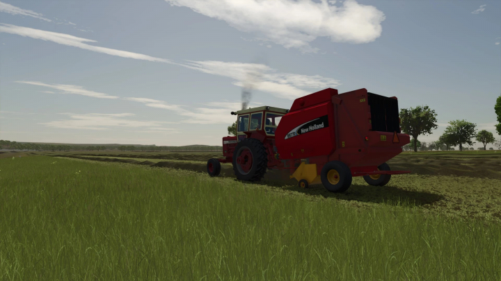 fs25-mods,  The International 856 tractor mod in FS25 towing a New Holland baler on a sunny field.