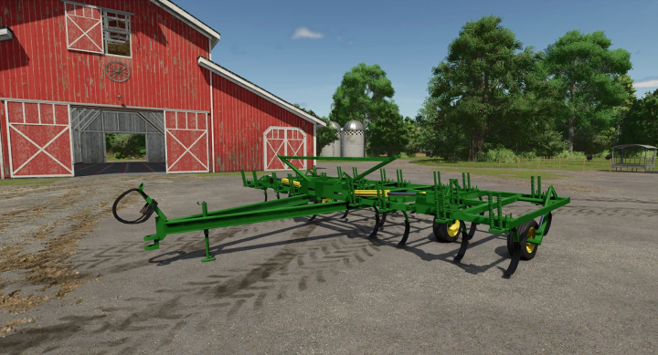 fs25-mods, John Deere 1600 Chisel Plow mod for FS25 near a red barn in Farming Simulator 25.