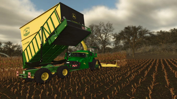 fs25-mods, FS25 mod John Deere 8000 Cargo AgroSrbija harvesting cornfield with yellow trailer