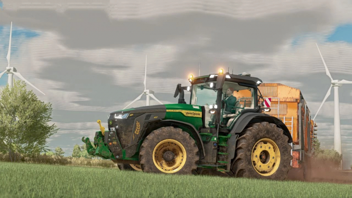 fs22-mods, John Deere 8R 420 custom mod in FS22 with wind turbines and fields.