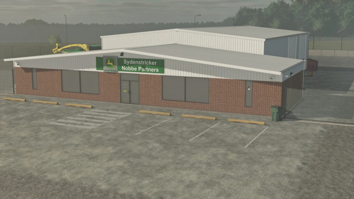 fs25-mods, Image of the John Deere SN Partners Dealership mod in Farming Simulator 25, featuring a brick building with a parking lot.