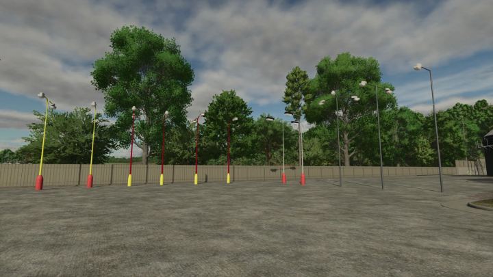 fs25-mods,  FS25 mod Lamps Elektrosvit CSSR 60-90 years showcasing vintage street lamps in a parking lot with trees and cloudy sky.